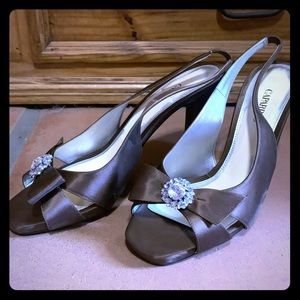 Chocolate Satin Rhinestone Slingback Pumps